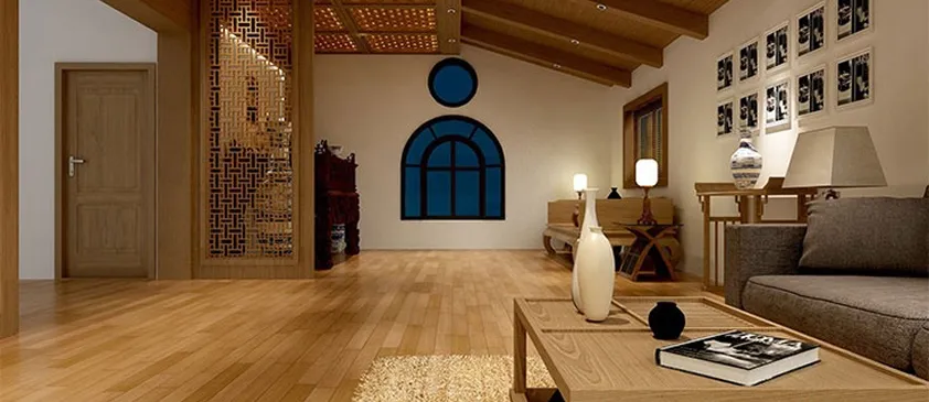 Salon spacieux au design contemporain asiatique avec parquet et meubles en bois à Croissy-sur-Seine dans les Yvelines 78