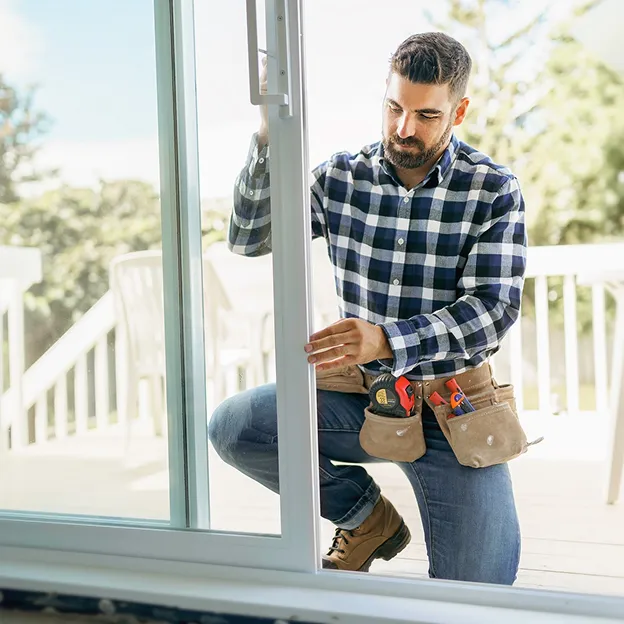 Homme barbu en chemise à carreaux, agenouillé, fixant une porte coulissante en verre à Croissy-sur-Seine dans les Yvelines 78