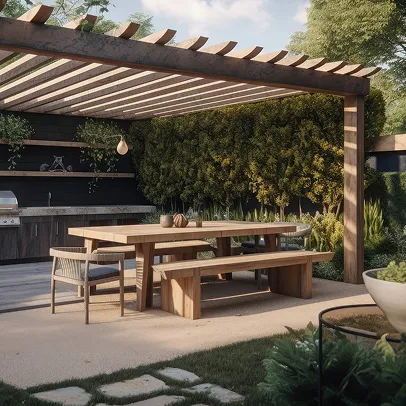 Pergola en bois au-dessus d'une salle à manger extérieure et d'une cuisine à Croissy-sur-Seine dans les Yvelines 78