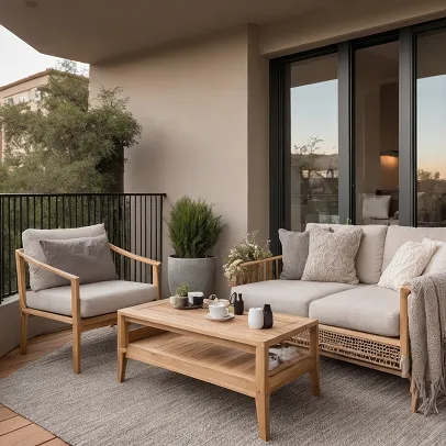 Mobilier de patio en bois clair avec canapé, fauteuil et table basse sur un tapis à Croissy-sur-Seine dans les Yvelines 78