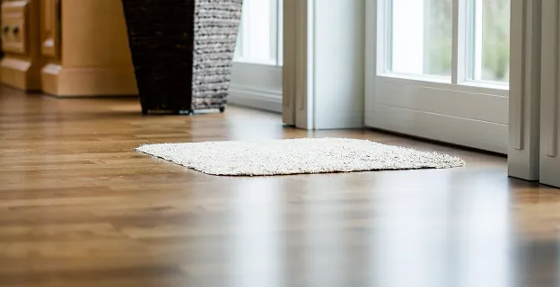 Sol en bois brillant avec un petit tapis blanc devant une porte vitrée à Croissy sur Seine dans les Yvelines 78