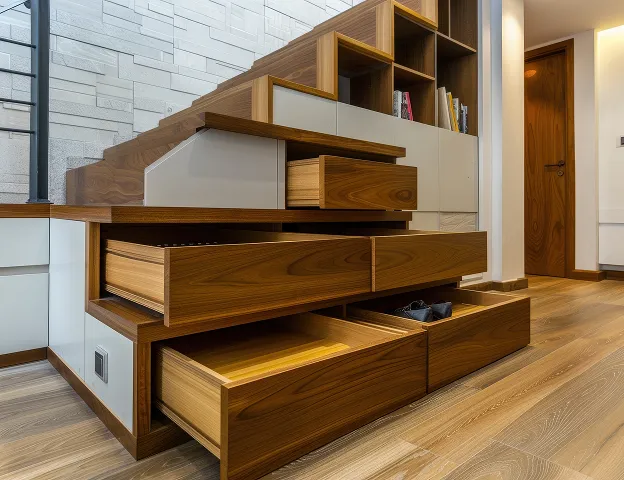 Escalier en bois avec des tiroirs intégrés et des étagères murales à Croissy sur Seine dans les Yvelines 78