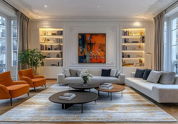 Salon moderne avec canapés blancs, fauteuils orange, table basse, et étagères éclairées à Croissy-sur-Seine dans les Yvelines 78